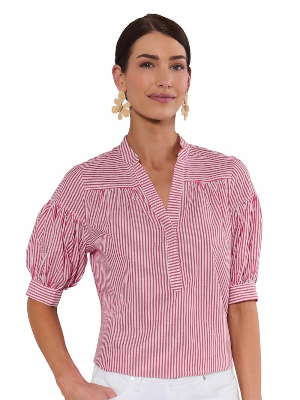 Avara Melody Red White Striped V-Neck Short Sleeve Cotton Coastal Top Small NWT